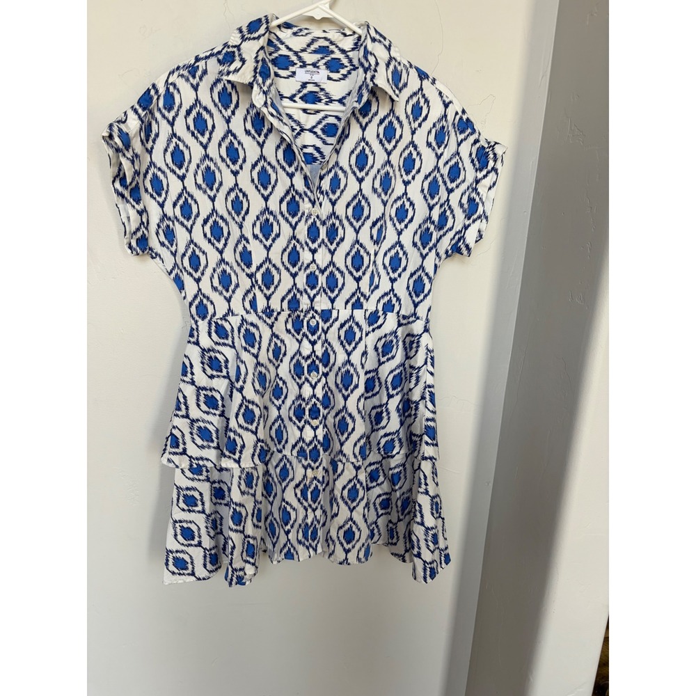 UNTUCKit‎ Renata Blue White Ikat Diamond Tiered Ruffle Shirt Dress 8 41542